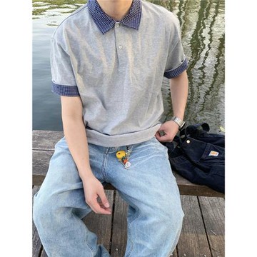 SNIPE SITE 2025夏季簡約miu風假兩件格子拼接翻領短袖T恤POLO衫