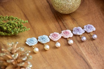 優雅刺繡玫瑰珍珠 客製耳環 / 刺繍ピアス