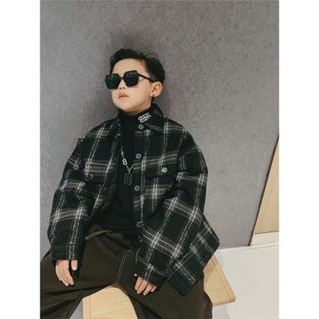 男童黑白格子加絨襯衫2024新款兒童秋冬季加厚襯衣男孩翻領外套潮