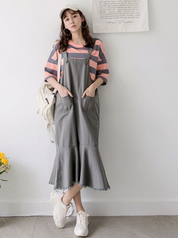 高含棉質感色調抽鬚懶人吊帶洋裝