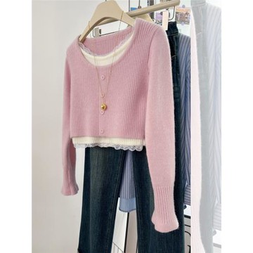 法式方領假兩件蕾絲花邊長袖針織衫女秋冬韓系穿搭小個子短款毛衣