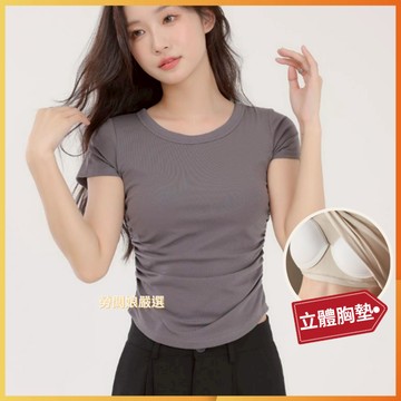 【勞闆娘嚴選】抓皺造型胸墊T恤 5色M~XL bra top 短袖 胸墊睡衣 bra t bra top 睡衣 女裝