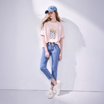 綁帶彈性牛仔窄管褲