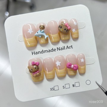 ➕最新設計款穿戴甲💅黃色法式格紋黑皮貓美甲甜美可愛少女心純手工穿戴甲全貼短方穿戴甲 RPNT