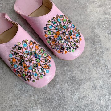 摩洛哥 babouche 室內拖鞋 珠串刺繡 糖果花磚 粉