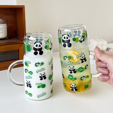 卡通熊貓高顏值玻璃杯耐高溫喝水杯辦公室家用帶蓋手柄一人飲水壺