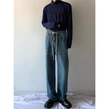 雨東林/韓版新款休閑牛仔褲男寬松百搭經典潮流設計感綁繩直筒褲