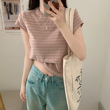 【小歡喜Little Joy】實拍 粉色條紋純棉正肩短袖T恤女 夏季夏小個子體恤短款上衣