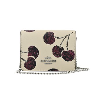 COACH仿刺繡櫻桃皮雕亮粉燙印白堊色皮革鍊帶頸掛斜背方型卡夾零錢小廢包