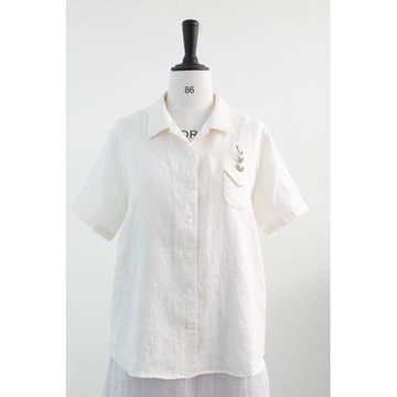 純亞麻襯衫 古巴領短袖上衣 日系文藝V領口白襯衣棉麻女裝夏23528