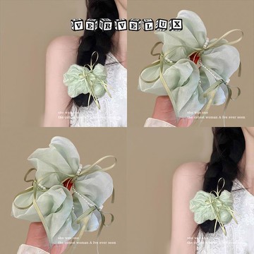 两件9.9折🔥臺灣出貨🔥可開發票✅法式仿珍珠蝴蝶結網紗大腸髮圈發繩高級感頭繩百搭發繩扎頭髮皮筋