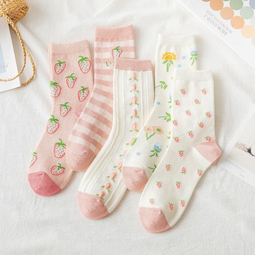 草莓襪子 女襪 中幫襪 日系可愛百搭韓版學院風長襪 粉色系棉襪