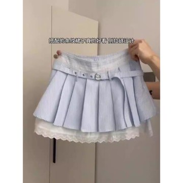 大碼韓版甜美藍色條紋蕾絲邊百褶短裙甜妹夏季防走光A字半身裙女