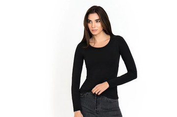 北歐極簡 - 透氣貼身經典長袖有機棉圓領Tee / T-shirt 女(黑)