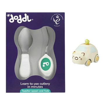 doddL 人體工學秒拾餐具2件組 附角落生物迴力車 款式隨機  湖水綠  1套  湯匙 + 叉子
