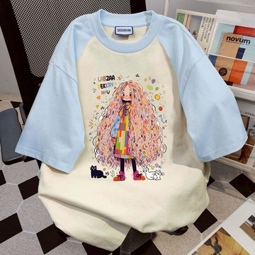 【董小姐】純棉上衣 美式印花短袖 oversize寬鬆上衣 美式復古上衣 元氣少女短袖嘻哈上衣純棉 t恤 寬鬆 女生短袖