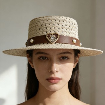 度假風沙灘帽 法式遮陽帽女 鑽石愛心平頂帽子 鏤空草帽女 夏天透氣顯臉小海邊沙灘度假太陽帽