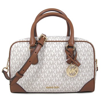 MICHAEL KORS THOMPSON 金字大圓標LOGO馬鞍棕色皮革X香草白色防刮滿版兩用包