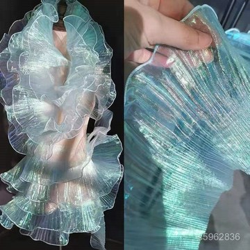 💯臺灣出貨💯免運💯琉森湖透明荷葉邊 柔軟褶皺花邊裙擺網紗服裝布料 設計師裝飾輔料 K5OU