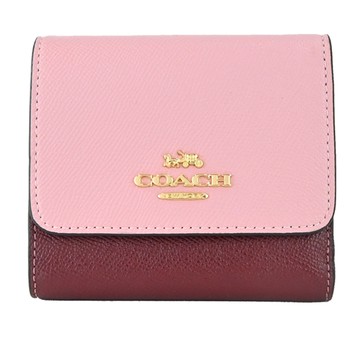 COACH 新款立體馬車撞色防刮皮革三折短夾(粉X紅)