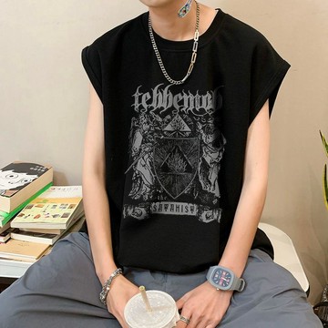 大尺碼男無袖背心 純棉背心 100%純棉美式圓領背心男復古潮牌籃球運動坎肩無袖T恤內搭上衣0802