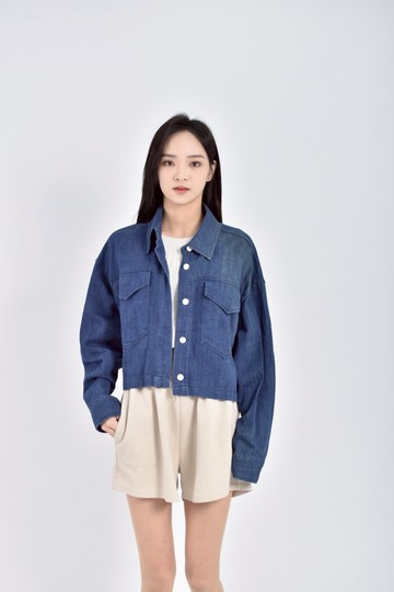 (2XL) adeline修身短版丹寧牛仔排扣藍色外套