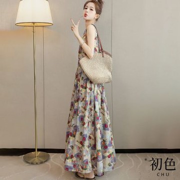 初色 文藝花卉印花圓領無袖收腰A字寬鬆背心連身裙長裙連衣洋裝-花色-14449(M-2XL可選)