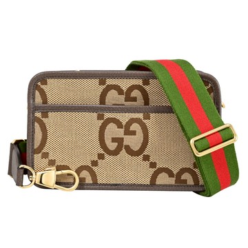 GUCCI 696075 JUMBO GG 緹花拼接拉鍊斜背包.駝/棕