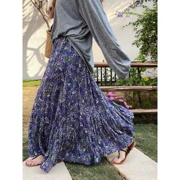 紫色雪紡碎花半身裙女夏季新款復古氣質顯瘦褶皺長裙高腰大擺裙子