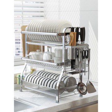 寶爵廚房臺面碗碟盤不銹鋼瀝水收納架家用水槽多層碗筷勺子置物架