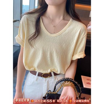 棉麻正肩短袖T恤女夏黃色V領寬松冰絲體恤2025新款大碼竹節棉上衣