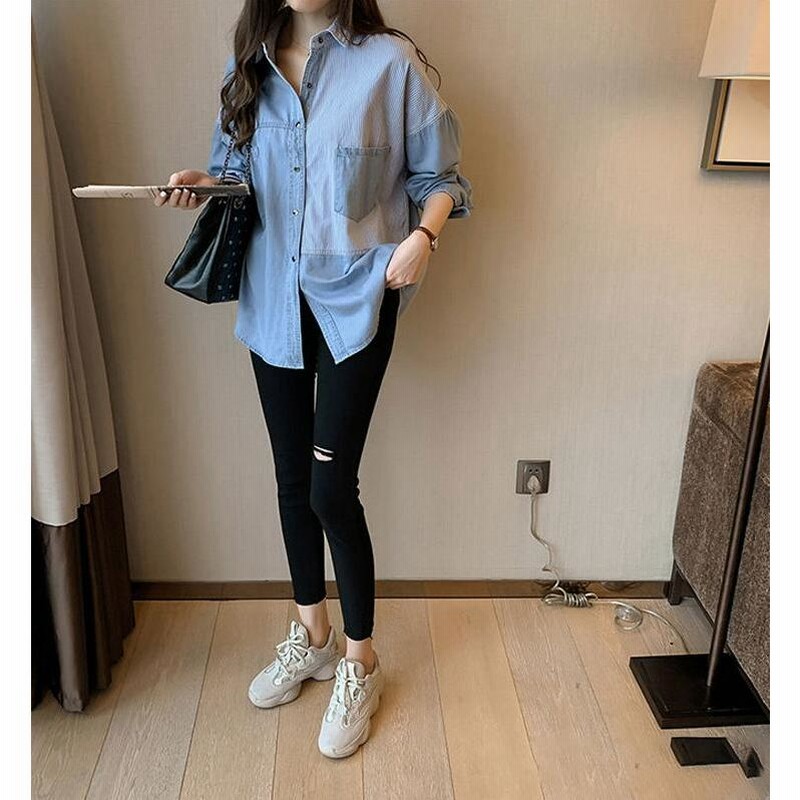 デニム風シャツ レディース 異素材切替 シャツブラウス カジュアル 長袖シャツ 春服 胸ポケット ス 羽織り おしゃれ デニム風シャツ レディース 異素材切替 シャツブラウス