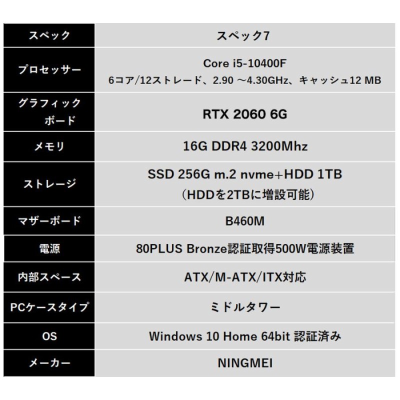 ゲーミングPC モニターセット　RTX2060 i5-10400F