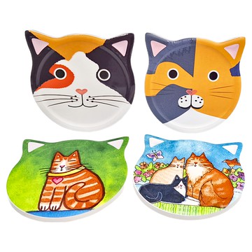 JUST HOME 貓咪造型陶瓷杯墊 4入組  12 x 10.8cm  顏色隨機  1組