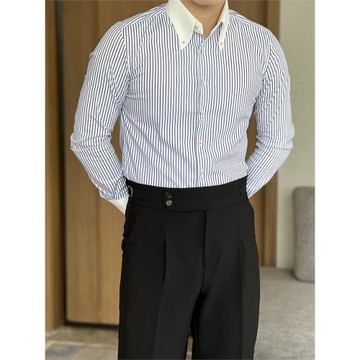 摩摹男裝英倫高級感修身長袖襯衫男意式復古休閑個性撞色扣領襯衣