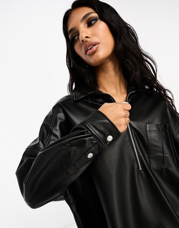 French Connection PU pullover zip front shirt in black