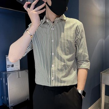 夏季潮男高級感痞帥七分袖條紋彩條襯衫短袖男士潮牌修身男款襯衣