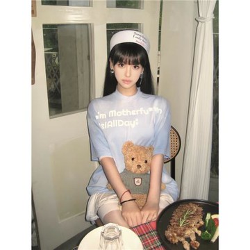 FUELALLDAY噴染水洗淺藍灰漸變美式街頭寬松短袖T恤休閑情侶百搭