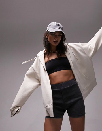 Topshop premium zip through over size hoodie in stone-Neutral