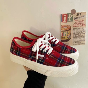 小眾設計感紅色格子帆布鞋女2023夏季百搭板鞋ins街拍潮鞋子