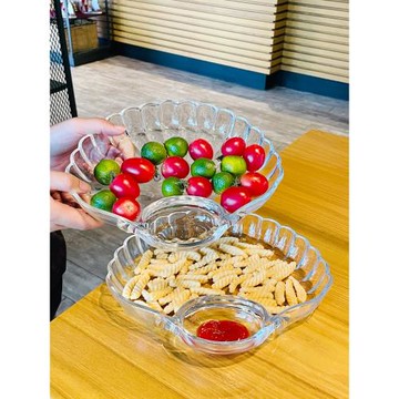 2只裝無鉛玻璃餃子盤帶醋碟一體式家用分格盤水餃專用扇形貝殼盤