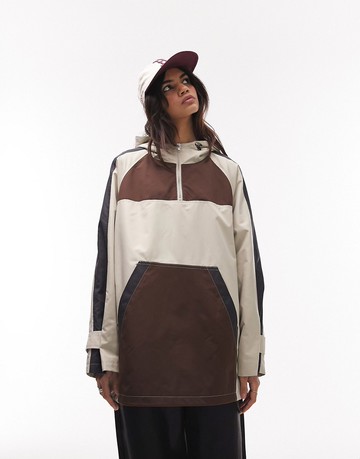 Topshop hooded sporty rain jacket in beige-Neutral