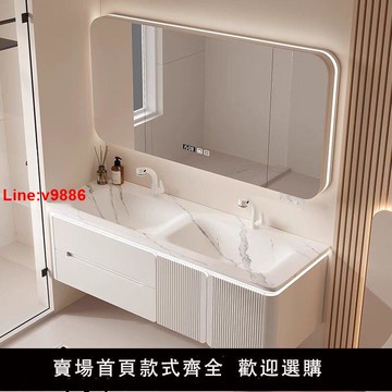 【台灣公司 超低價】巖板熱彎一體盆橡木實木現代智能浴室柜組合網紅款洗手洗臉臺定制