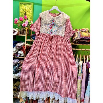 熊姑娘長裙/高檔天然色織亞麻/紅色格子連衣裙過膝長款短袖夏大碼