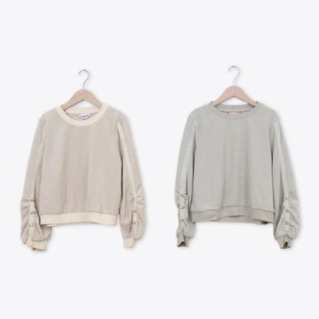 【CUMAR】圓領蓬袖抽皺棉絨上衣 杏 灰