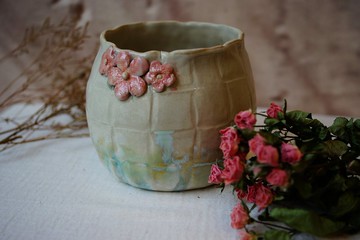 手捏花器 夏日香氣 格紋桶狀花瓶 H11cm 置物桶 花缸容器