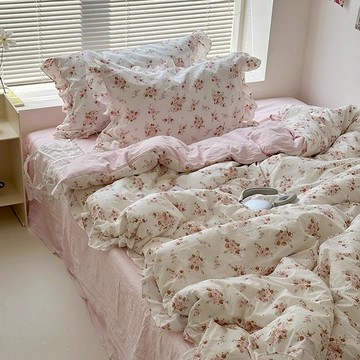 🔥優選好物🔥柔軟親膚花邊四件套水洗棉碎花宿捨三件套床單被套床包四件組床上用品被套 標準雙人 加大雙人 床上四件套