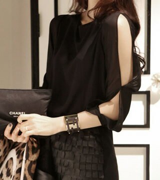 韓味淑女性感露肩長袖雙層시퐁 셔츠雪紡衫氣質上衣百搭打底衫(黑色) 十天預購