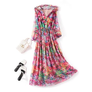 大碼女裝高級感V領連帽雪紡連衣裙漸九分袖印花度假沙灘長裙仙夏