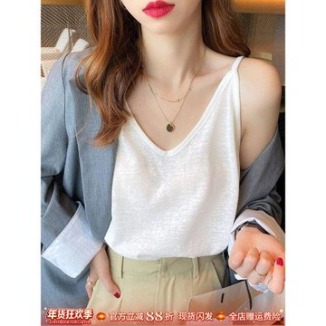 白色V領吊帶女內搭2025夏新款寬松遮肚子棉麻上衣打底外穿小背心